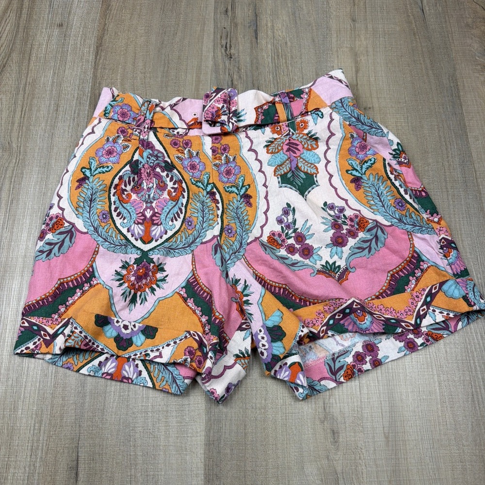 Maison d'Amelie Linen Blend Shorts Women's Size 6‎ Floral Paisley Belted Waist